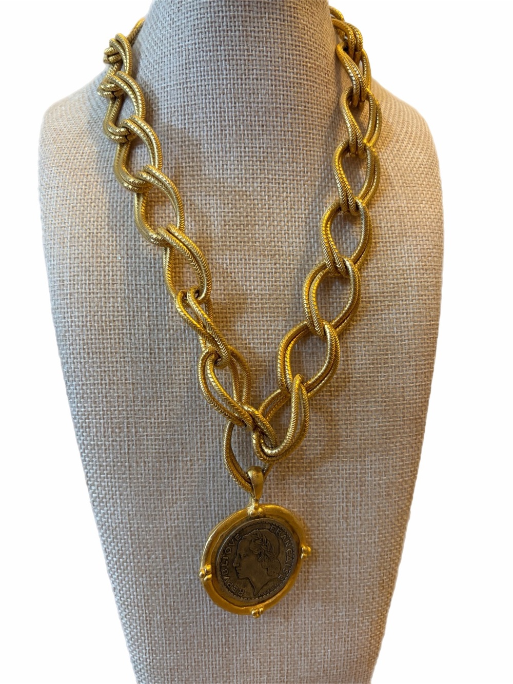 Susan Shaw Vintage 24k gold plate Coin Pendant Chain link Necklace